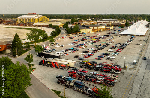 Indianapolis, Indiana, United States - May 11th, 2022: An aerial view of a vintage car show at the Indiana State Fairgrounds.