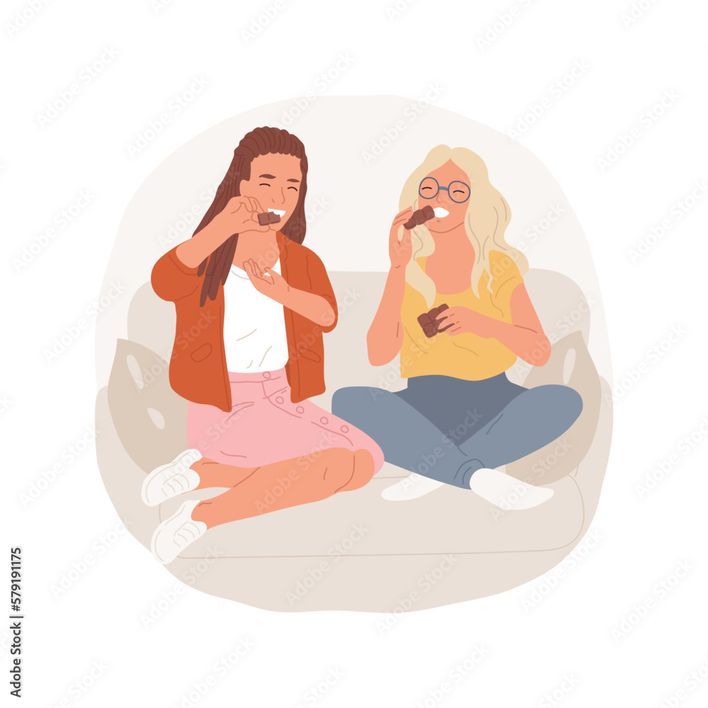 Chocolate isolated cartoon vector illustration. Girls sitting on sofa and eating chocolate, teenage eating habits, adolescent meal preference, enjoying favorite food together vector cartoon.