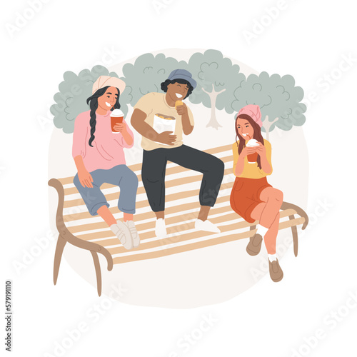 Outdoor snacking isolated cartoon vector illustration. Group of teens drinking soda and eating snack, teenager hanging out and sitting in park together, eating habit vector cartoon.