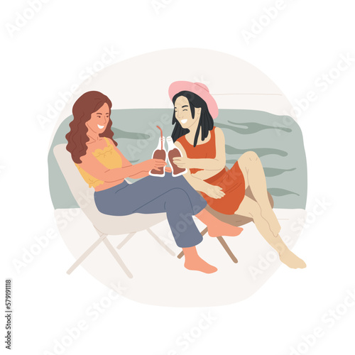 Soda water isolated cartoon vector illustration. Teenagers drinking soda water near swimming pool, summertime hangout with favorite food, beautiful girls clinking glasses vector cartoon.