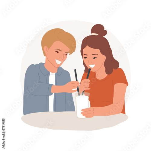 Milkshake isolated cartoon vector illustration. Cute teens couple drinking milkshake together, smiling teenagers hangout in cafe, adolescent meal preference, first date vector cartoon.
