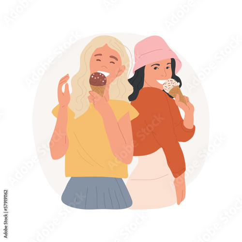 Ice cream isolated cartoon vector illustration. Attractive girls eating ice cream together, teenage eating habits, adolescent meal preference, friends hangout in summer vector cartoon.