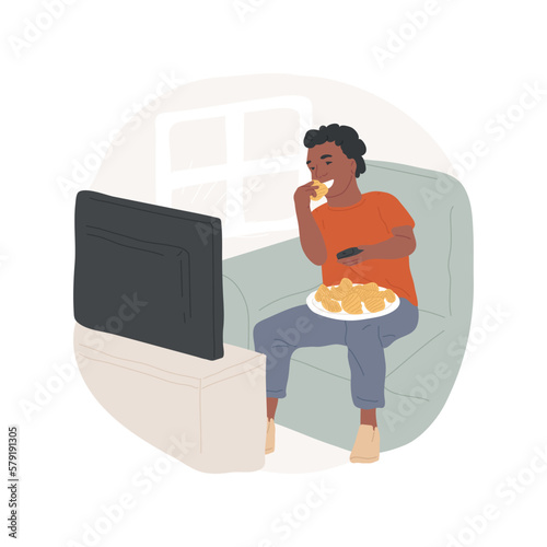 Snacking in front of tv isolated cartoon vector illustration. Teens watching tv and eating snacks, boy enjoying junk food sitting on sofa, bad teenage eating habits vector cartoon.