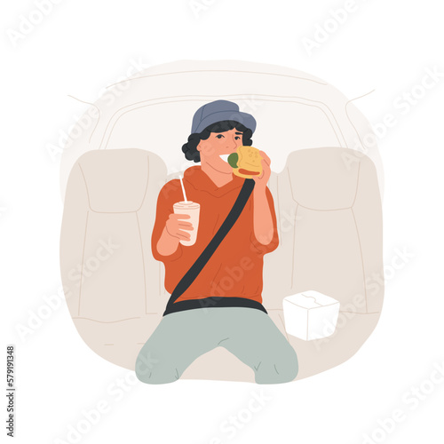 Snacking in the car isolated cartoon vector illustration. Teenage boy eating burger in car, quick snack on the go, enjoying junk food on way, adolescent meal preference vector cartoon.