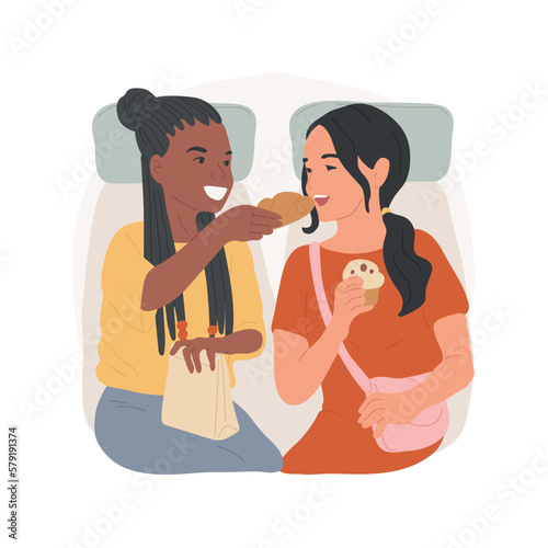 Snacking in public transport isolated cartoon vector illustration. Girls eating snack on way to school, young people having tasty lunch on road, teenagers bad eating habits vector cartoon.