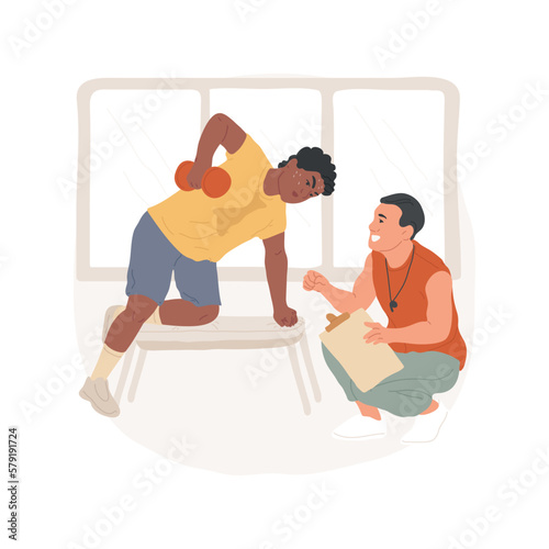 Working out isolated cartoon vector illustration. Sweaty boy having personal training with instructor, guy doing exercises in gym, working out and body care, physical fitness vector cartoon.