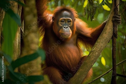 Orangutan on the tree. Orangutan in Borneo Indonesia. Generative AI.