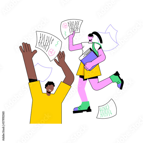 Passed the test isolated cartoon vector illustrations. Smiling students happy with exam results, raising hands up, university test passing celebration, educational process vector cartoon.