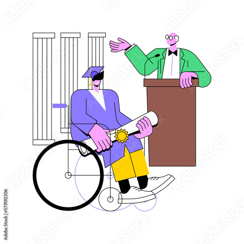 Diploma ceremony isolated cartoon vector illustrations. Disabled girl gets diploma, graduation from university, college education is over, successfully completing studies vector cartoon.