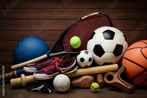 Sports equipment on wooden background, Generative AI