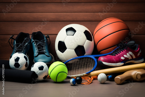 Sports equipment on wooden background  Generative AI 