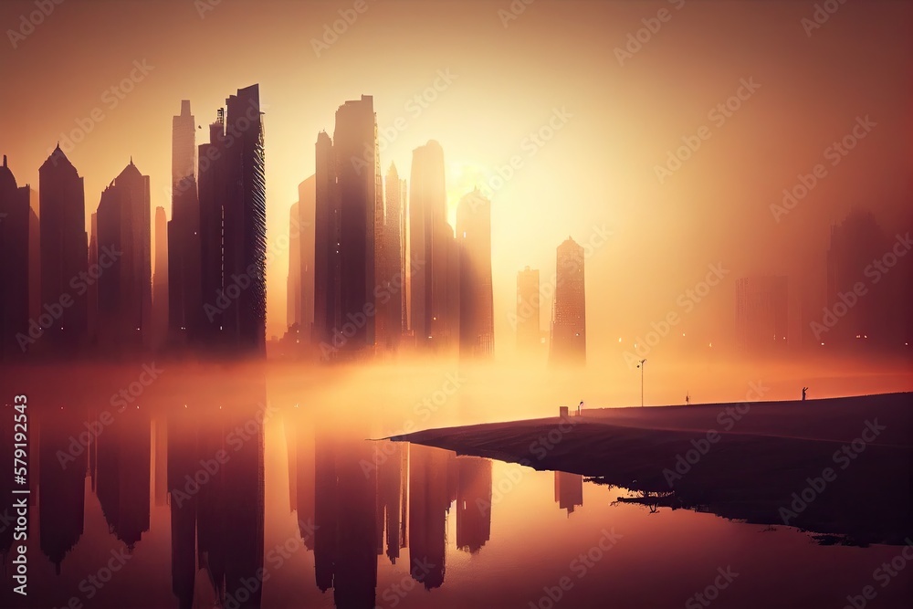 Misty Sunrise Over a Modern City's Scenic Landscape. Generative AI