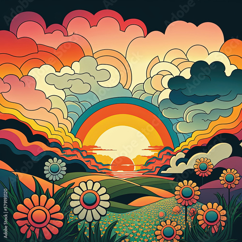 Retro hippie 70s style groovy spring or summer poster with flowers and