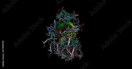 Oxytocin, human peptide hormone NMR structure (movement in water), 3D molecule spinning 4K photo