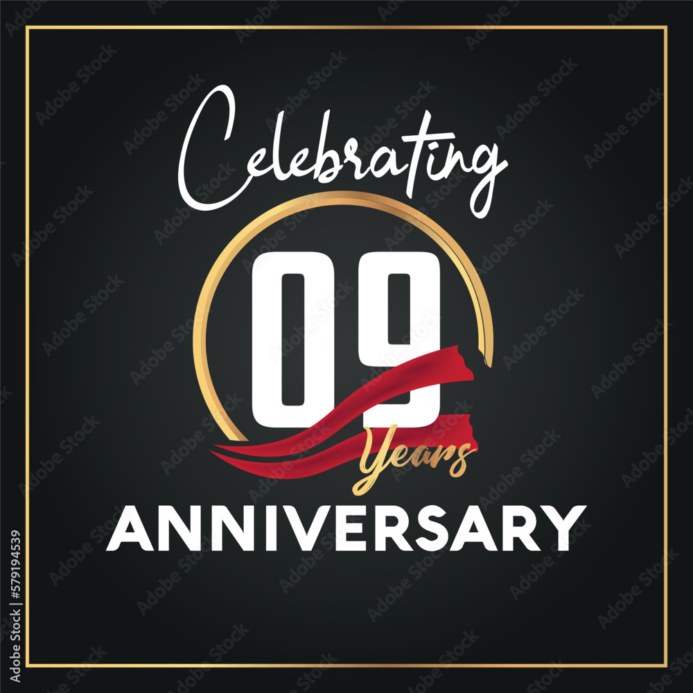 09th year anniversary celebration logo with elegance  
golden ring and white color font numbers isolated vector design
