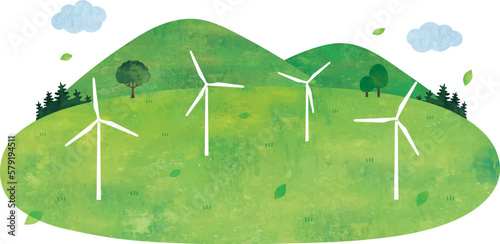 風車による風力発電と草原と山の景色水彩画