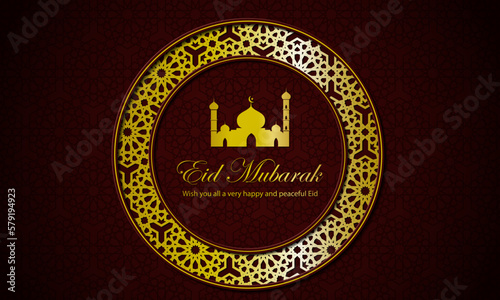 Eid mubarak background design with maroon color and gold pattern 