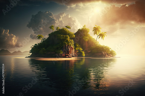 tropical island at sunset created with Generative AI technology 