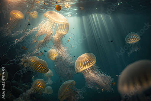jellyfish under water created with Generative AI technology