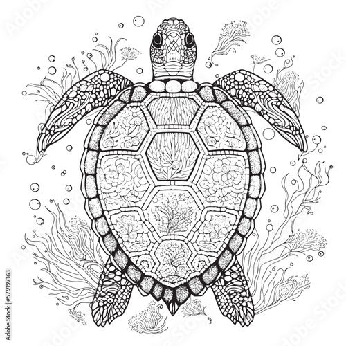 A majestic Turtle illustration in a stylish composition. Adult coloring book pages made freehand with doodle and Zentangle elements., Vector  illustration
