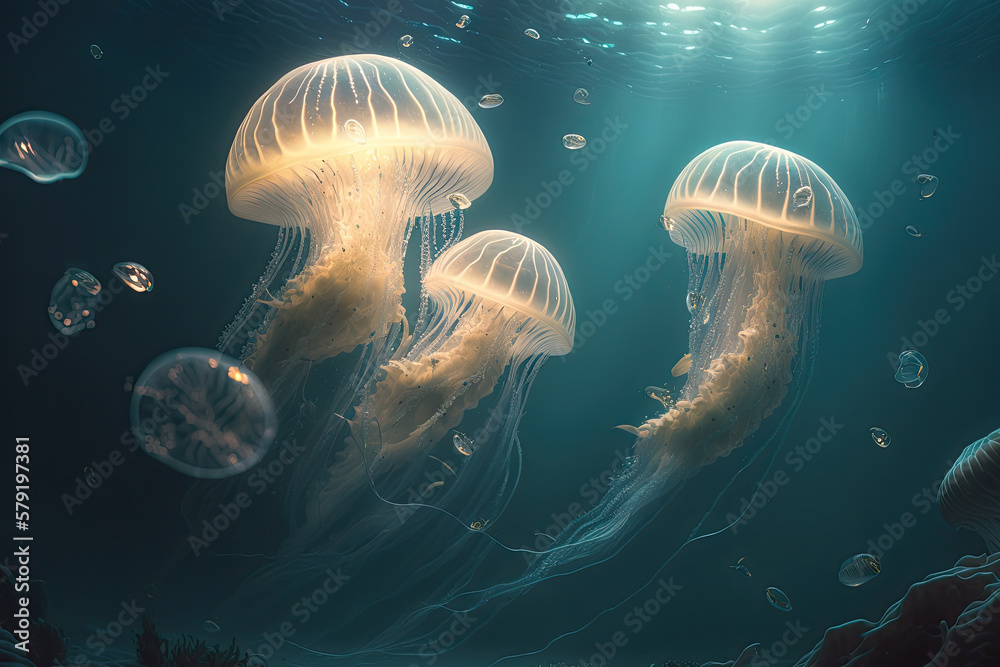 jellyfish under water created with Generative AI technology - obrazy, fototapety, plakaty 