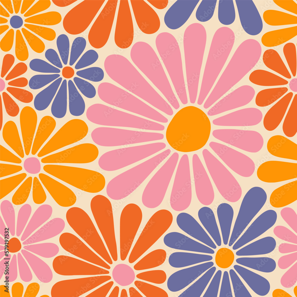 Groovy Daisy Flowers Seamless Pattern. Floral Vector Background in 1970s Hippie Retro Style