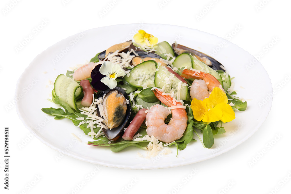 Plate of delicious salad with seafood isolated on white Plate of delicious salad with seafood isolated on white