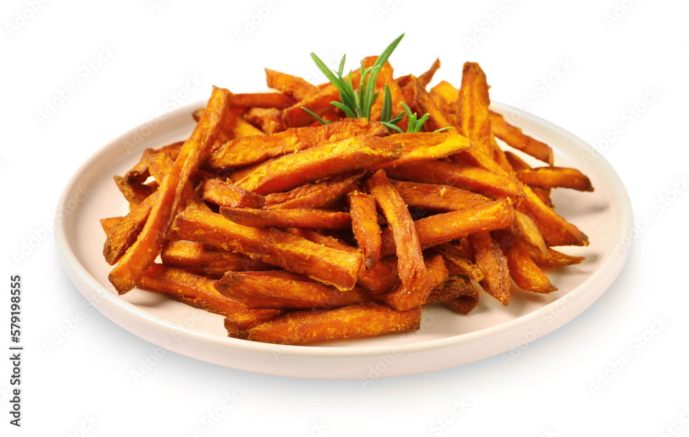Plate with delicious sweet potato fries on white background Plate with delicious sweet potato fries on white background