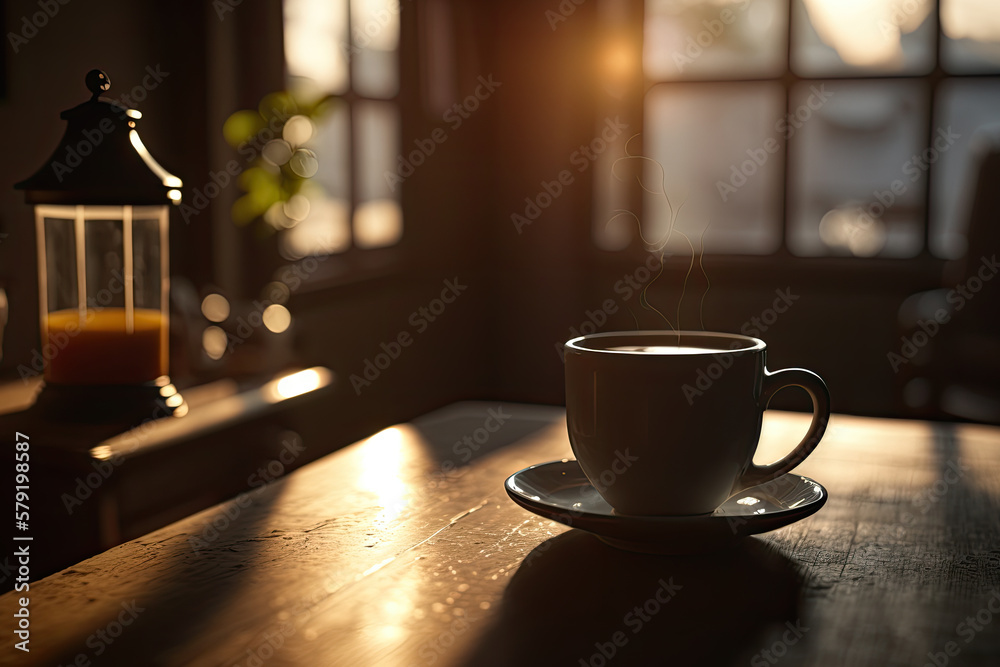 Fototapeta premium cup of coffee in warm sunlight created with Generative AI technology