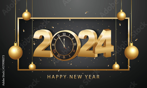 Happy new year 2024. 3d gold numbers with golden Christmas decoration and confetti on dark  background. Holiday greeting card design.