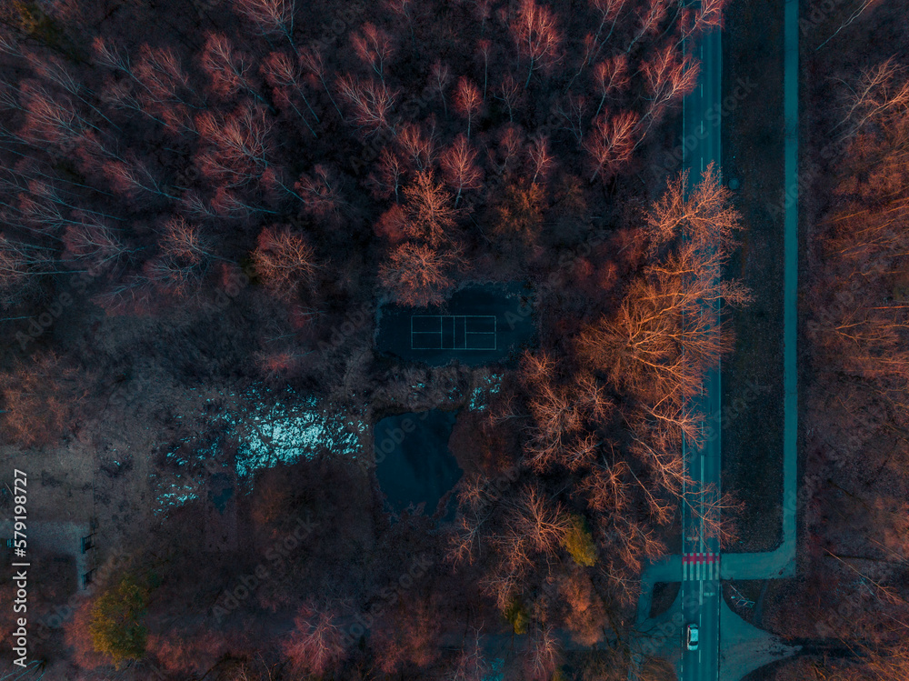 View of an abandoned tennis court in the middle of the forest. Drone, air view of an abandoned tennis court.