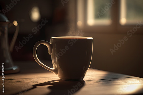 cup of coffee in warm sunlight created with Generative AI technology