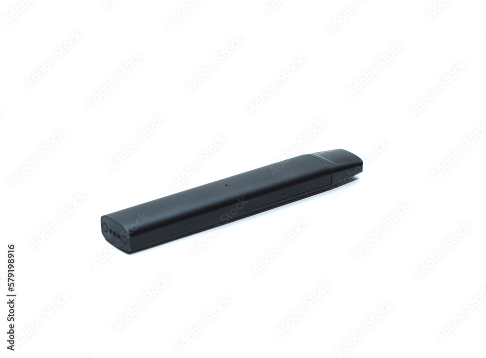 Black e-cigarette for vaping. The concept of consuming nicotine, smoking cigarettes and an alternative to classic cigarettes. Black e-cigarette for vaping. The concept of consuming nicotine, smoking cigarettes and an alternative to classic cigarettes.