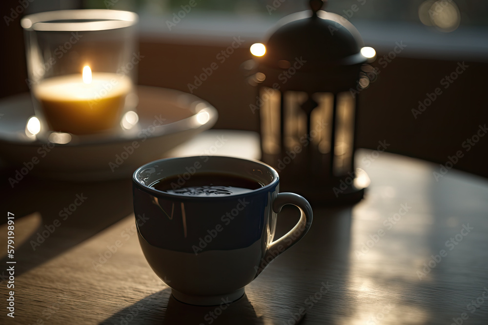 cup of coffee in warm sunlight created with Generative AI technology cup of coffee in warm sunlight created with Generative AI technology
