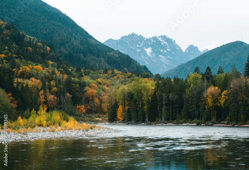 Mt Index Mountain and South Fork Skykomish River. Autumn in Washington State