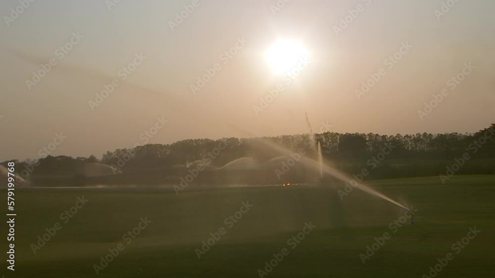 high-pressure sprinkler is spraying water on the golf course grass, spinning in circles to spread water evenly. Sprinklers spraying water against the yellow evening sun at golf course. high-pressure sprinkler is spraying water on the golf course grass, spinning in circles to spread water evenly. Sprinklers spraying water against the yellow evening sun at golf course.