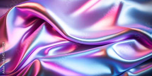 Abstract colorful smooth wavy elegant holographic silk cloth texture design, dynamic shiny luxury metallic satin fabric wave background, Ai generated