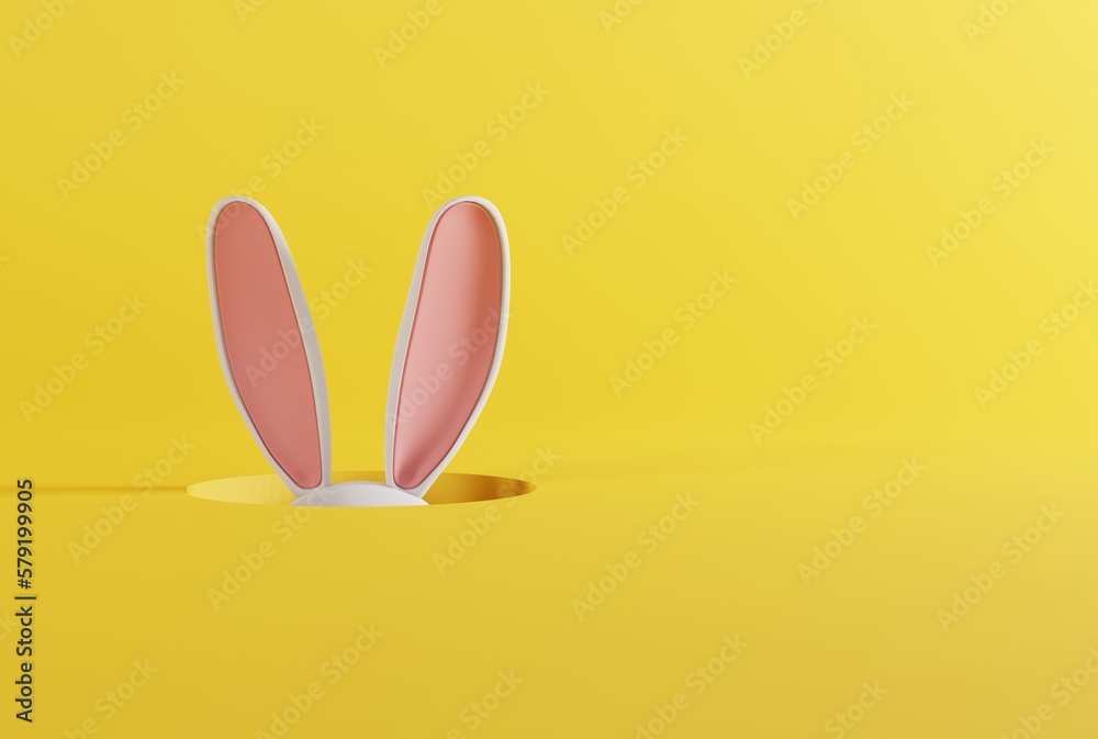 Bunny ears sticking out of the ground. The concept of Easter, the holiday and traditions associated with it. Hare ears on a light background. 3D render, 3D illustration.