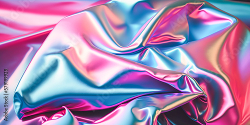 Abstract colorful smooth wavy elegant holographic silk cloth texture design, dynamic shiny luxury metallic satin fabric wave background, Ai generated
