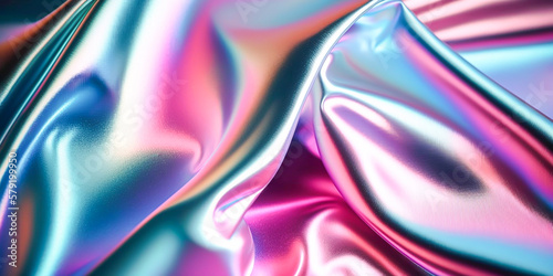 Abstract colorful smooth wavy elegant holographic silk cloth texture design, dynamic shiny luxury metallic satin fabric wave background, Ai generated