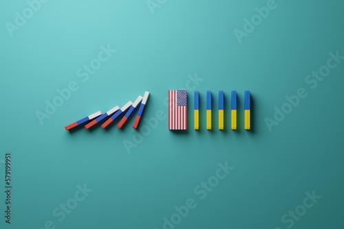 Dominoes with the flag of Russia and the flag of Ukraine  where Russia s bricks are held back by the US flag. The concept of war caused by Russia  Russia s aggression in Ukraine. 3D render.