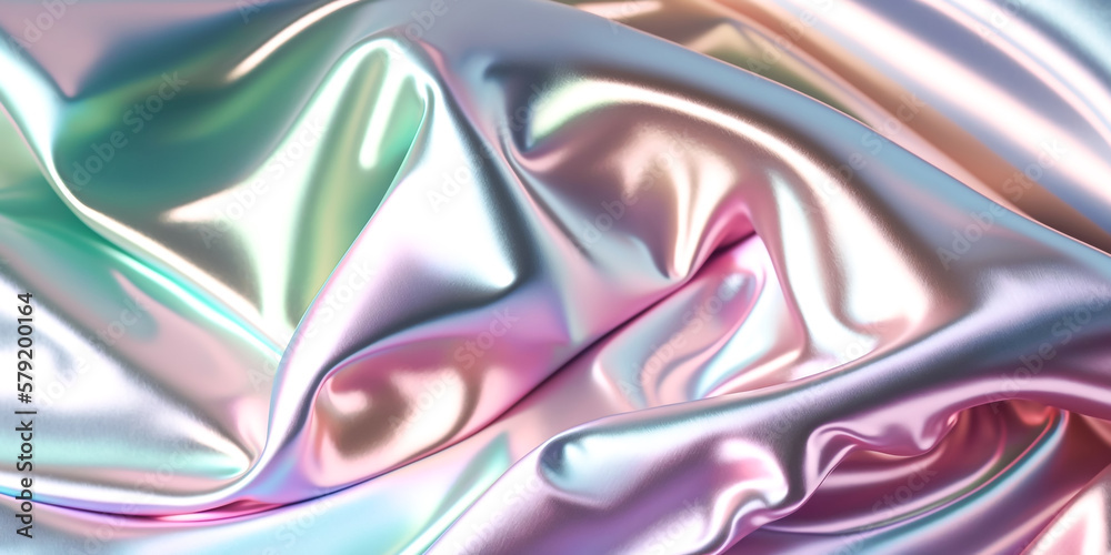 Fototapeta premium Abstract colorful smooth wavy elegant holographic silk cloth texture design, dynamic shiny luxury metallic satin fabric wave background, Ai generated