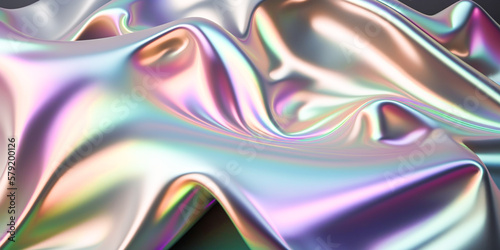 Abstract colorful smooth wavy elegant holographic silk cloth texture design, dynamic shiny luxury metallic satin fabric wave background, Ai generated