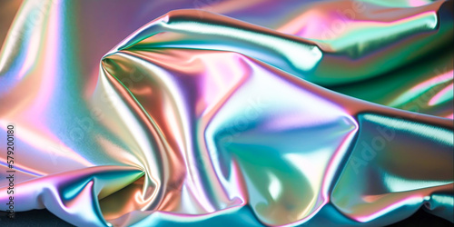 Abstract colorful smooth wavy elegant holographic silk cloth texture design, dynamic shiny luxury metallic satin fabric wave background, Ai generated
