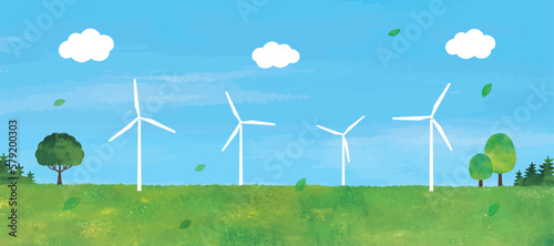 風車による風力発電と草原と山の景色水彩画横長 photo