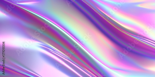 Abstract colorful smooth wavy elegant holographic silk cloth texture design, dynamic shiny luxury metallic satin fabric wave background, Ai generated