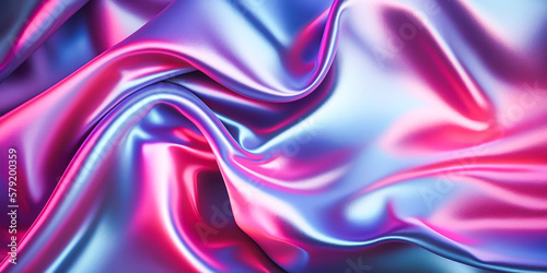 Abstract colorful smooth wavy elegant holographic silk cloth texture design, dynamic shiny luxury metallic satin fabric wave background, Ai generated
