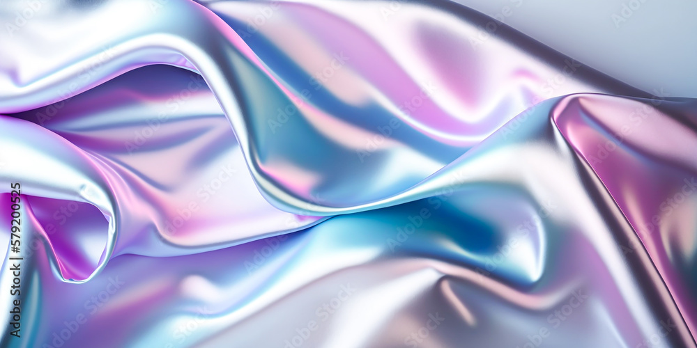 Obraz premium Abstract colorful smooth wavy elegant holographic silk cloth texture design, dynamic shiny luxury metallic satin fabric wave background, Ai generated