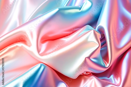 Abstract colorful smooth wavy elegant holographic silk cloth texture design, dynamic shiny luxury metallic satin fabric wave background, Ai generated