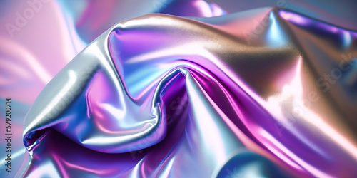 Abstract colorful smooth wavy elegant holographic silk cloth texture design, dynamic shiny luxury metallic satin fabric wave background, Ai generated